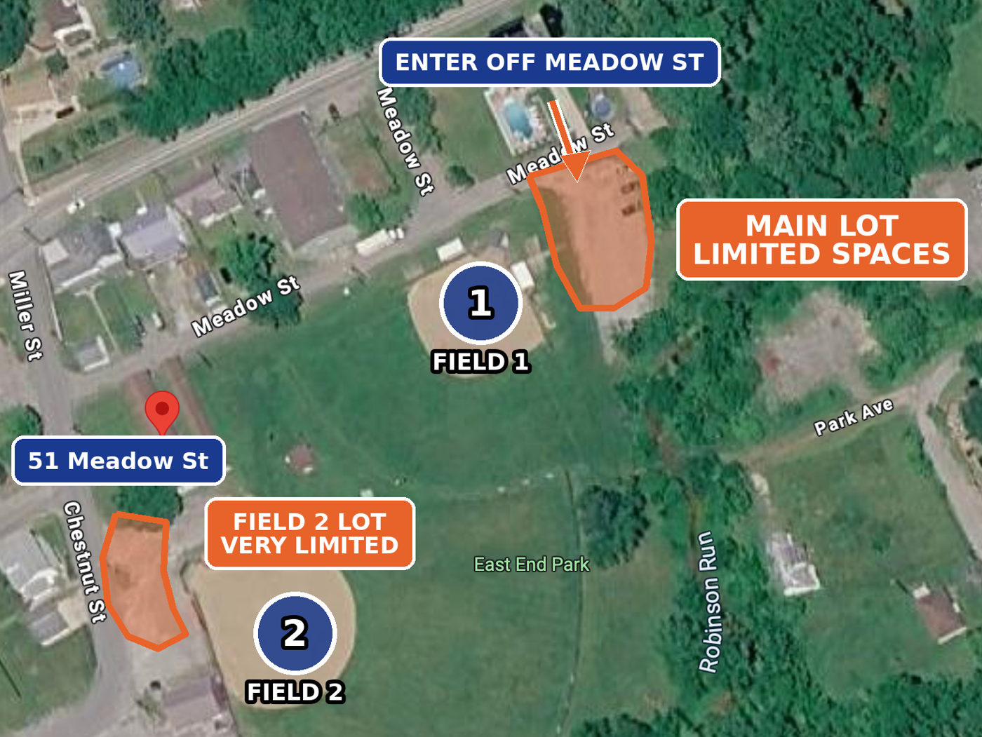 Aerial map of East End Park showing the main lot off Meadow St, the smaller Field 2 lot off Chestnut St, and the two fields.